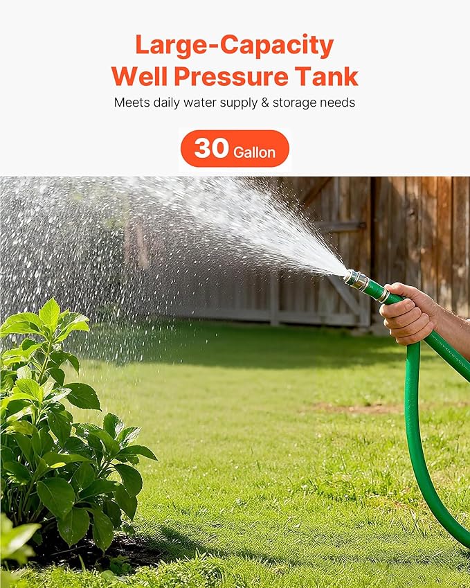 VEVOR 30-Gallon Vertical Well Pressure Tank, Pre-Charged Pressurized Water Tank for Well Pumps, Heavy-Duty Carbon Steel Water Storage Container for Home, School, Farm & Irrigation Systems