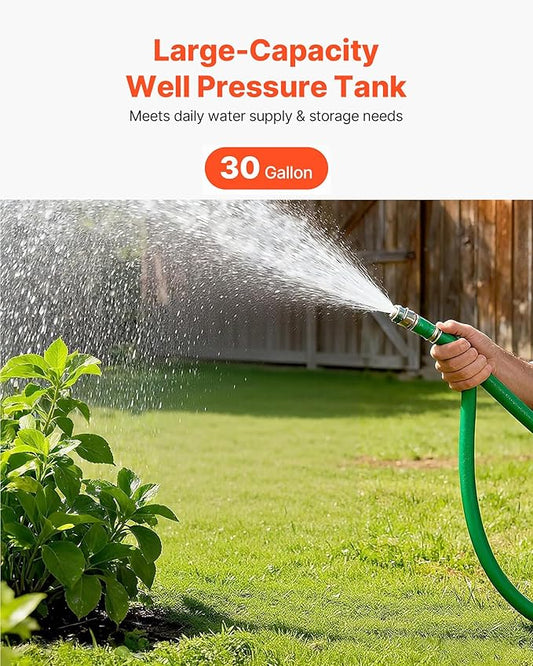 VEVOR 30-Gallon Vertical Well Pressure Tank, Pre-Charged Pressurized Water Tank for Well Pumps, Heavy-Duty Carbon Steel Water Storage Container for Home, School, Farm & Irrigation Systems