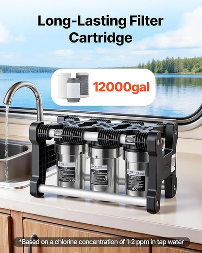 VEVOR RV Water Filter System, 5-Micron 3 Stage Premium RV Water Filtration System with Three Cartridges and 3/4" Fitting for RVs & Campers, Reduces Sediment, Chlorine, Heavy Metals, Odors and More