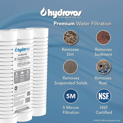 HYDROVOS 2.5" x 10" 5 Micron Whole House Water Filter, NSF Certified 10 Inch Grooved Sediment Filter with 6-Month Filter Life, 4 Pack