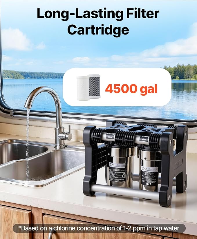 VEVOR RV Water Filter System, 5-Micron Dual Stage Premium RV Water Filtration System with Two Cartridges and 3/4" Fitting for RVs & Campers, Reduces Sediment, Chlorine, Heavy Metals, Odors and More
