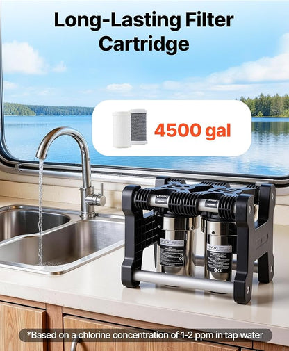 VEVOR RV Water Filter System, 5-Micron Dual Stage Premium RV Water Filtration System with Two Cartridges and 3/4" Fitting for RVs & Campers, Reduces Sediment, Chlorine, Heavy Metals, Odors and More