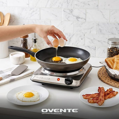 OVENTE Electric Cast Iron Single Burner, 1000W Hot Plate, Silver BGS101S | 7.25" Portable Countertop Cooktop, Stainless Steel, 5 Level Temperature Control, Compact Cooking Stove, Easy to Clean