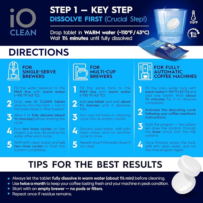 iO CLEAN Coffee Maker Cleaner & Coffee Machine Descaler Tablets – 24 Count Universal Coffee Pot Cleaner and Descaler Solution – Compatible with Keurig, Nespresso, Ninja, Breville, DeLonghi