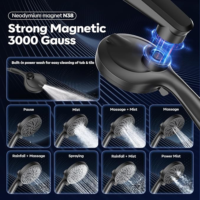 Shower Head with filtered Handheld High Pressure daul Shower Heads with Handheld Spray Combo and 10 Sprays Handheld Shower Head Detachable Shower head Built-in Magnetic Docking and Power Jets Black