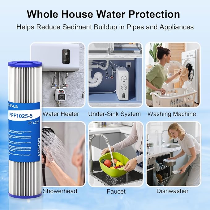 6-Pack 5 Micron Pleated Water Filter Cartridge, 10" x 2.5" Washable & Reusable PET Sediment Filter for Well Water & Whole House Pre-Filter, Compatible with WFPFC3002, WHKF-WHPL, AO-WH-PRE-RP2