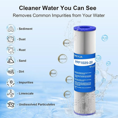 6-Pack 20 Micron Pleated Water Filter Cartridge, 10" x 2.5" Washable & Reusable PET Sediment Filter for Well Water & Whole House Pre-Filter, Compatible with WFPFC3002, WHKF-WHPL, AO-WH-PRE-RP2
