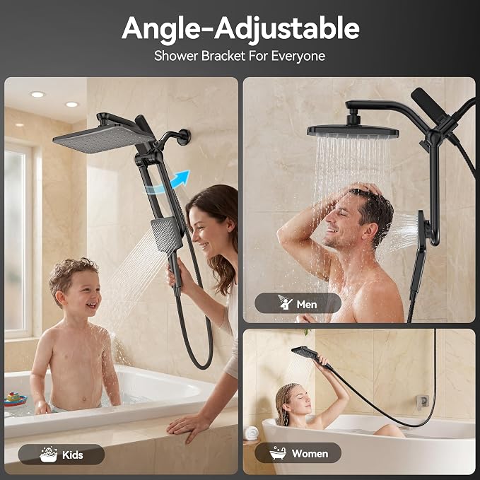 Dual Filtered Rainfall Handheld Shower Head Spray Combo, DAKINGS 7-Mode Shower Head With Handheld Spray Combination, Upgraded 11" High Flow Rain Handheld Spray Combo With Fixed Showerhead, Matte Black