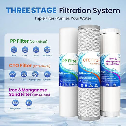 Whole House Water Filter System, 3-Stage Iron & Manganese Removal 20"x4.5" Filter, with Sediment Filter, Reduces Iron, Manganese, Chlorine, Odor, Sediment,1" NPT, 120,000 Gal Capacity