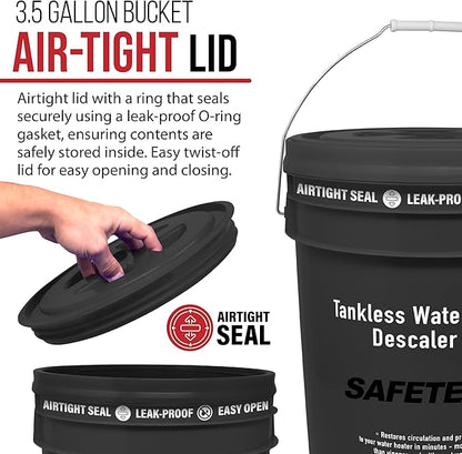 Safetech Tankless Water Heater Flushing Kit with 5-Gallon Screw-Top Lid, Premium Hoses, 1/6 HP Utility Pump, 4 Quarts Descaler, and Pump Grate