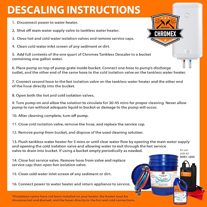 Chromex Tankless Water Heater Flush Kit with 4 Quarts Certified Liquid Descaling Solution and 1/6HP Extra Strength Pump