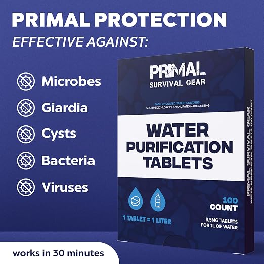 Water Purification Tablets - Water Purifier Tablets for Emergency Water - Hiking, Camping, Survival, Emergency – Drinking Water Filtration System Survival Tabs - Purificador De Agua - 1L - 100 Tablets