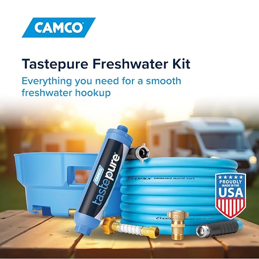 Camco Tastepure RV Freshwater Kit - Includes Tastepure RV Water Filter, Flexible Hose Protector, EvoFlex 25' Drinking Water Hose, Brass RV Water Pressure Regulator & Carrying Basket (20160)
