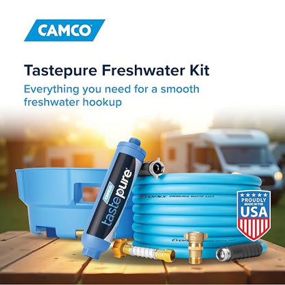 Camco Tastepure RV Freshwater Kit - Includes Tastepure RV Water Filter, Flexible Hose Protector, EvoFlex 25' Drinking Water Hose, Brass RV Water Pressure Regulator & Carrying Basket (20160)