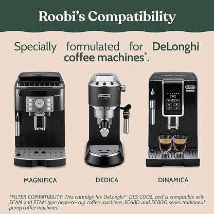 Roobi DeLonghi Compatible Cleaning Descaling Kit. Includes 1 Bottle of Descaling Solution and 4 DeLonghi Filters. Carbon Neutral DeLonghi Cleaner Descaler Kit. 1 Year Supply.