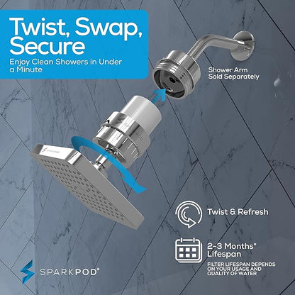 SparkPod Luxury Filtered Shower Head Set 23 Stage Shower Filter - Reduces Chlorine and Heavy Metals - High Pressure Showerhead Filter (6" Square, Luxury Polished Chrome)