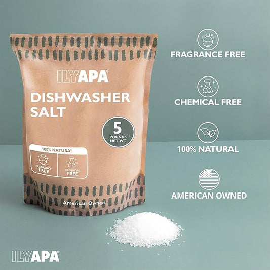 Ilyapa Dishwasher Salt 5 lbs - 100% Pure Natural Salt for Dishwasher - Dye and Fragrance Free Water Softener Crystals, Hard Water Rinse Aid