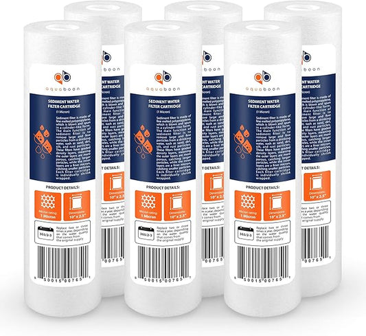 Aquaboon 1 Micron Whole House Sediment Filter 10 x 2.5 for RO & Well Water Filters Replacement Cartridges Compatible with AP110, WHKF-GD05, 6 Pack