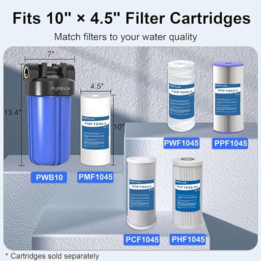 PWB10 Whole House Water Filter Housing, Fits 10” x 4.5” Big Blue Filters, Inline Pre-Filtration System for RV, Home Well and City Water Sediment etc with 1" NPT Port, Pressure Relief Valve