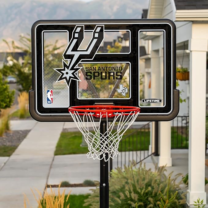 Lifetime NBA San Antonio Spurs Portable Basketball Hoop, Adjustable Height 7.5-10 Ft, 44 Inch Shatterproof Fusion Backboard, Base with Wheels