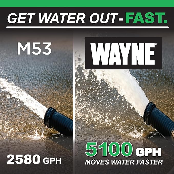 WAYNE CDU800 1/2 HP Submersible Sump Pump – Cast Iron & Stainless Steel, Vertical Float Switch, 5,100 GPH, 3-Year Warranty
