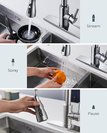 FORIOUS Kitchen Faucet with Pull Down Sprayer, Chrome, Bar High Arc Single Handle Traditional 3 Modes Stainless Steel Faucet for Kitchen Sink Farmhouse RV Laundry Camper