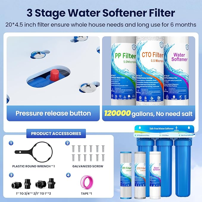 Whole House Salt Free Water Softener, Salt-Free Water Filter System, Prevent Water Scale Buildup, Salt-Free Water Softener Alternative, Without Salt and No Waste Water, Protect Appliances, 1" FNPT