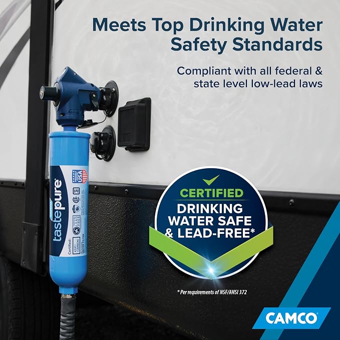 Camco Tastepure 4-in-1 Adjustable RV Water Pressure Regulator - Combines a 90° RV Hose Elbow Design, Pressure Gauge, Adjustable Regulator, & Shut-Off Valve in One RV Accessory (40065) | Combines 90 degree elbow, gauge, regulator and shutoff valve, fits...