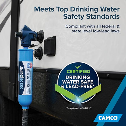 Camco Tastepure 4-in-1 Adjustable RV Water Pressure Regulator - Combines a 90° RV Hose Elbow Design, Pressure Gauge, Adjustable Regulator, & Shut-Off Valve in One RV Accessory (40065) | Combines 90 degree elbow, gauge, regulator and shutoff valve, fits...