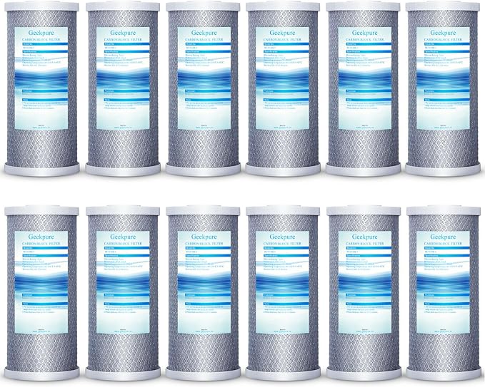 Geekpure 10-Inch Carbon Block Replacement Water Filter Cartridge for Whole House Water Filtration-4.5" x 10"-5 Micron -Pack of 12