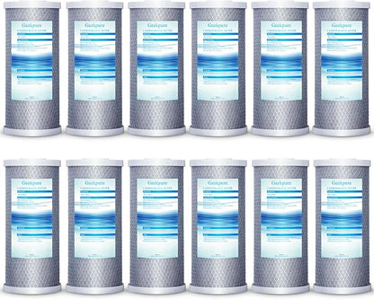 Geekpure 10-Inch Carbon Block Replacement Water Filter Cartridge for Whole House Water Filtration-4.5" x 10"-5 Micron -Pack of 12