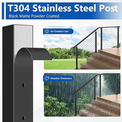 36" T304 Cable Railing Stair Post(Post 35"x2"x2"), Modular 33° Drilled Railing Post with Cable Grommets Fit for 28-38° Stairs, Adjustable Top Stainless Steel Black Finish Staircase Deck Post