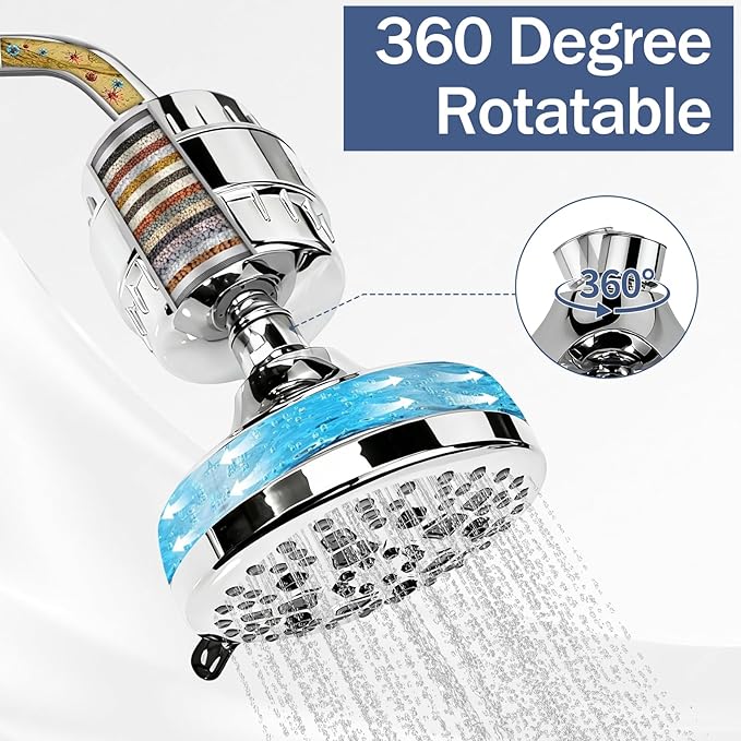 High-pressure showerhead set with 25-level filter, suitable for hard and soft water - 7 spray modes, 5-inch showerhead cover, can remove 99.99% of chlorine and heavy metals (chrome-plated)
