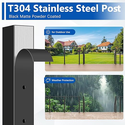 36" T304 Cable Railing Post(Post 35"x2"x2"), Level Drilled Railing Post with Cable Grommets, Modular Fixed Top Mount Cable Handrail Post, Stainless Steel Black Finish Indoor Outdoor Deck Post