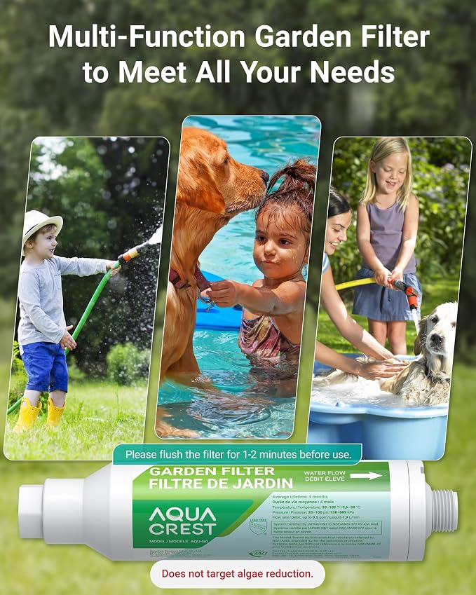 AQUA CREST Garden Hose Water Filter for Plants, NSF/ANSI Certified | Reduces Chlorine, Odor, Improves Plant Health, Suitable for Gardening and Farming, with 2 Flexible Hose Protectors, 6 Pack