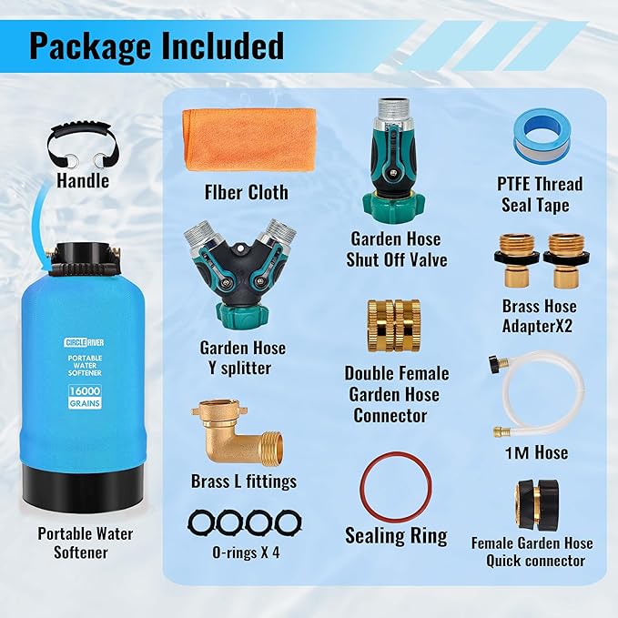 RV Water Softener with Water Hose, 16000 Grains 3/4" Brass Fittings Food-Grade Resin Soften Hard Water Improve Water Quality Portable Water Softener for RV, Trailers