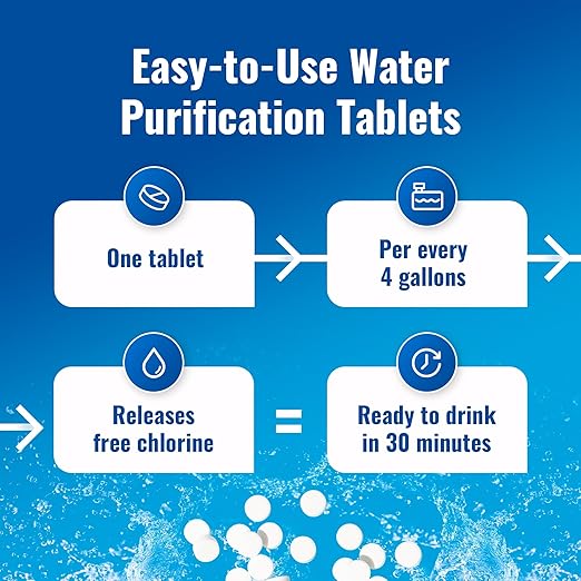Drinking Water Essentials Kit - 100 Aquatabs Water Purification Tablets + 50 Chlorine Test Strips - for Boat and RV Tanks - By Aquamarine Water Solutions