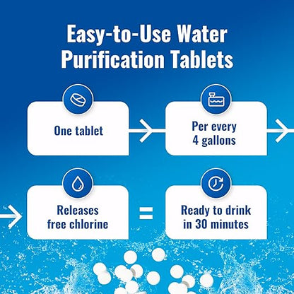 Drinking Water Essentials Kit - 100 Aquatabs Water Purification Tablets + 50 Chlorine Test Strips - for Boat and RV Tanks - By Aquamarine Water Solutions