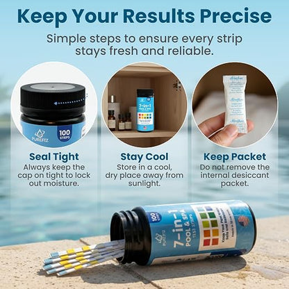 Pool & Spa Test Strips 7-in-1, 100 Strips for Pools, Hot Tubs & Saltwater Spas – Accurately Tests pH, Free & Total Chlorine, Bromine, Alkalinity, Hardness & Cyanuric Acid – Easy, 30-Second Results