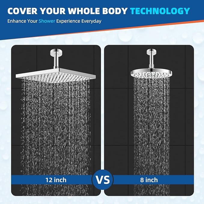 Hibbent cUCPC Certified Thickness Metal Shower Head, 12'' High Pressure Shower Heads, Square Large Bathroom Rainfall Shower Head with Adjustable Brass Ball Joint, Waterfall Full Body Coverage, Chrome
