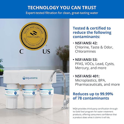 Aquasana Under Sink Water Filter | 3-Stage Claryum Filtration | Reduces up to 99.99% of PFAS, Lead, Chlorine, & More | Under Counter Drinking Water Filter | Includes Chrome Faucet | AQ-6300-CHR