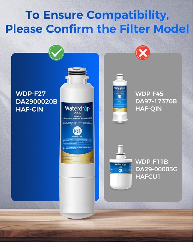 Waterdrop Plus WDP-F27 NSF 401 Certified Refrigerator Water Filter, 2 Pack | DA29-00020B, DA97-08006A, 46-9101, HDX FMS-2, RF263BEAESR, Reduce Chlorine, bad Taste and Odor, Refrigerator Water Filter
