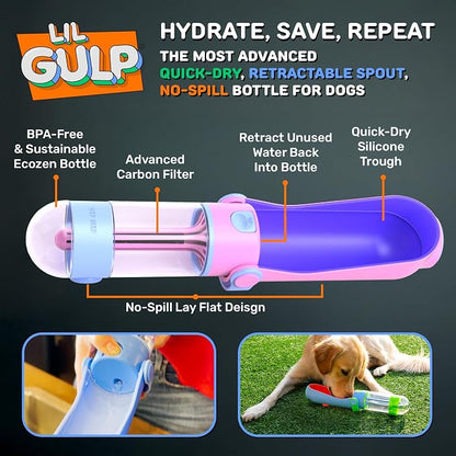 Lil Gulp Dog Water Bottle 15 Fl oz Portable Travel Bottle (Cotton Candy) | Advanced Carbon Filtration for Safe Filtered Water on the Go, BPA-Free, Leak-Proof, Retractable Spout, Walks, Hiking, Camping