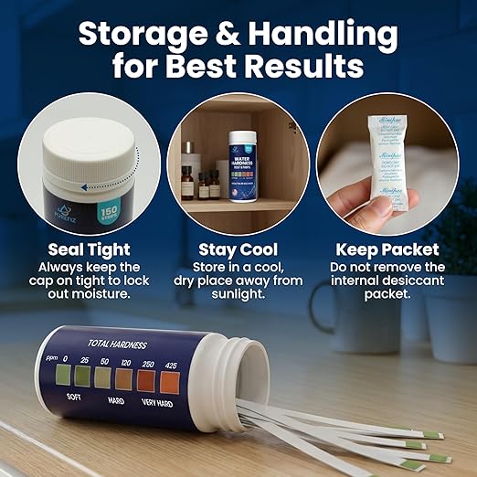Water Hardness Test Strips – 150 Strips for Home, Well Water & Water Softeners – Instant Results in 30 Seconds – Tests Soft, Hard & Very Hard Water – Perfect for Kitchens, Showers & Appliances