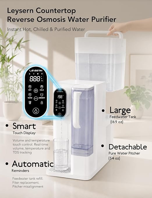 Leysern Hot & Cold Countertop Reverse Osmosis Water Filter, No Installation | 7-Stage RO Filtration with UV, Dual-Thermoelectric Cooling, Water Purifier with TDS Monitor, NSF 372 Certified, White