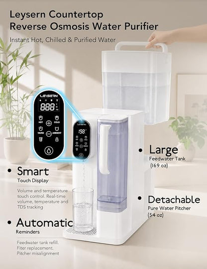 Leysern Hot & Cold Countertop Reverse Osmosis Water Filter, No Installation | 7-Stage RO Filtration with UV, Dual-Thermoelectric Cooling, Water Purifier with TDS Monitor, NSF 372 Certified, White