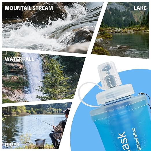 AXEN Collapsible Water Bottle with Filter System, Soft Hydration Flask for Trail Running, Camping, Hiking, Cycling, 1L Blue
