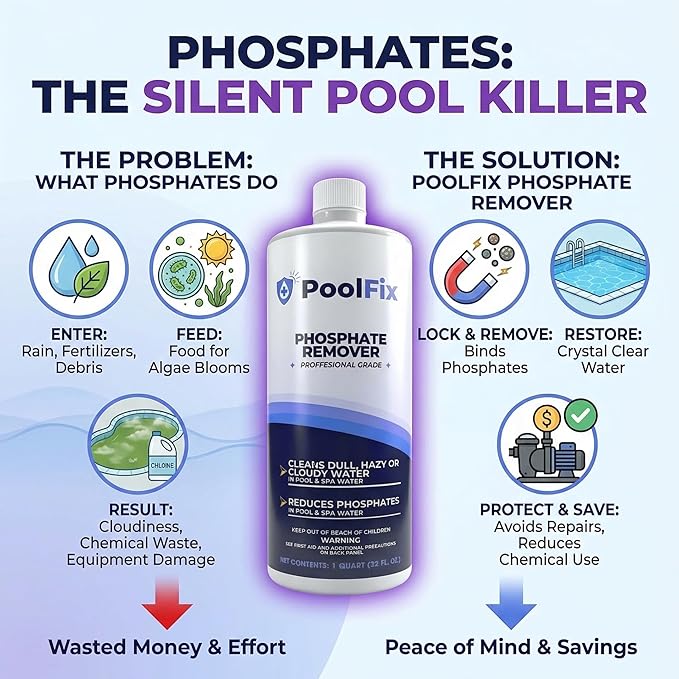 Phosphate Remover – 1 Quart Reduces Phosphates for Cleaner, Clearer Water & Improved Pool Clarity | Professional Grade - 32 oz Bottle