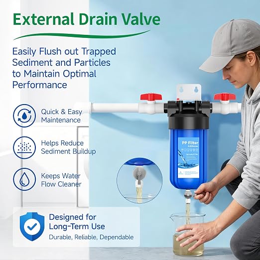 Whole House 10"x4.5" Blue PP Sediment Pre-Filter Housing with Drain Valve | Filters sediment, rust & dirt; pre-filter for city & well water with drain valve, comes with 1 pack PP filter and 2 valves