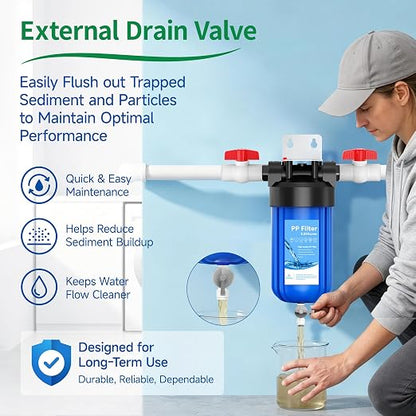 Whole House 10"x4.5" Blue PP Sediment Pre-Filter Housing with Drain Valve | Filters sediment, rust & dirt; pre-filter for city & well water with drain valve, comes with 1 pack PP filter and 2 valves